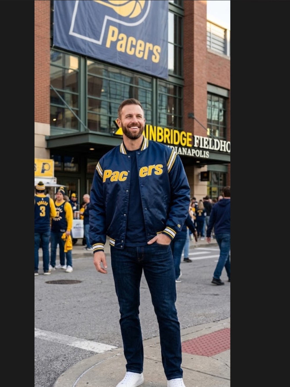 NBA Navy and Yellow Pacers Satin Bomber Jacket